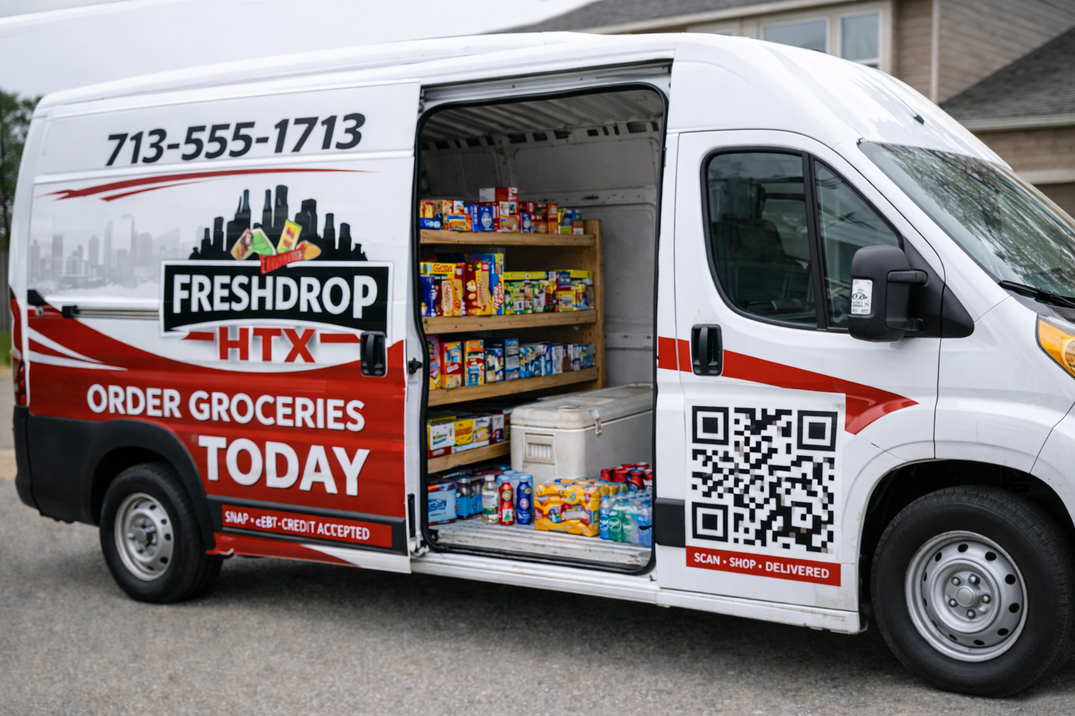 FreshDrop HTX driver packing fresh grocery orders for Houston customers