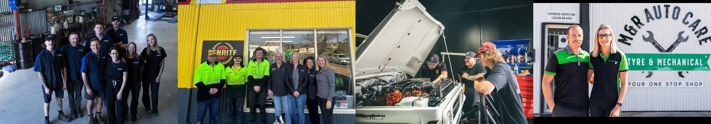 Four Workshop Whisperer client shops and their teams: Busselton Automotive Repairs, SSKids Tyres, BB Garage and M&R Auto Care