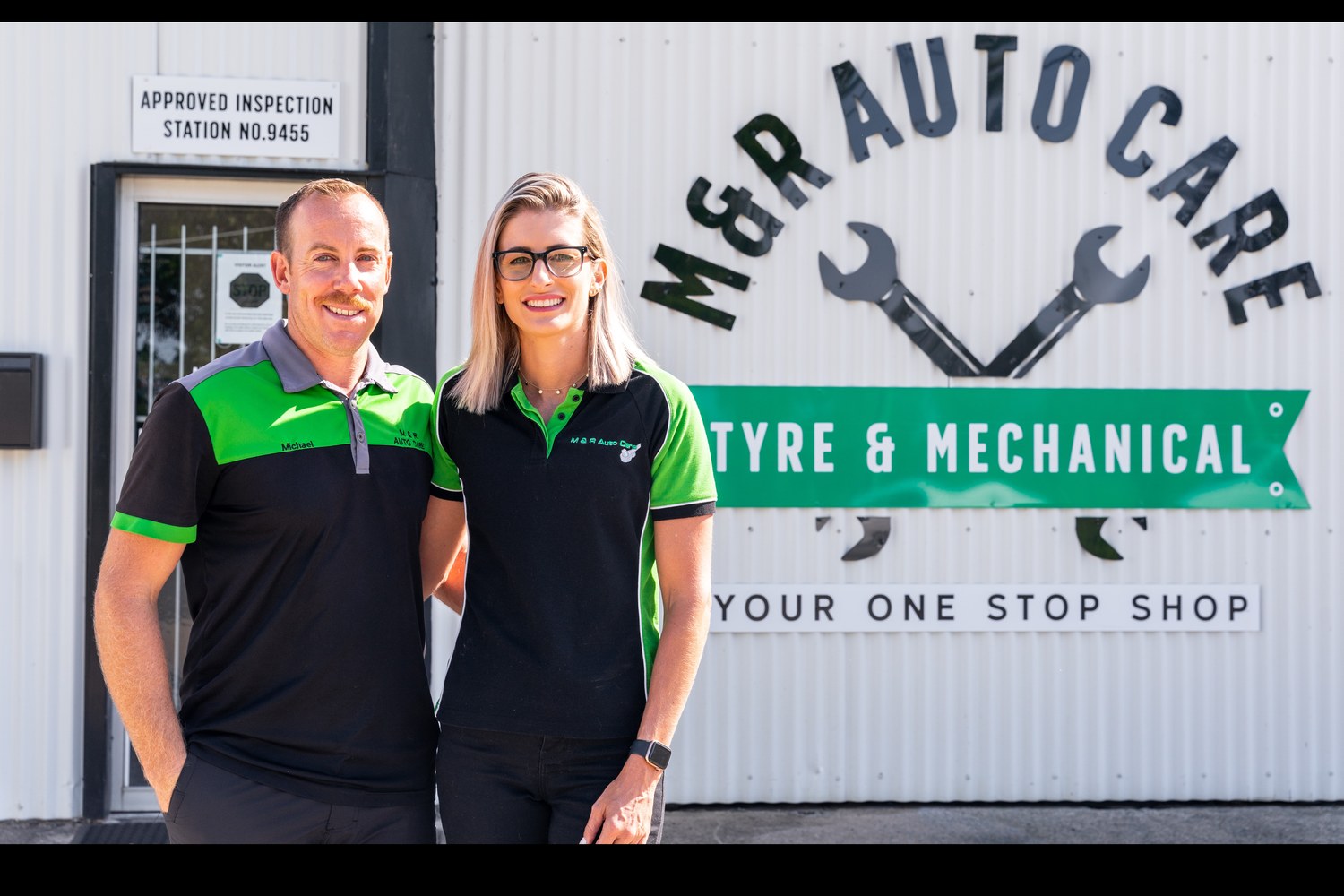 Mick and Renee Manzi outside M&R Auto Care in Sandgate, Queensland