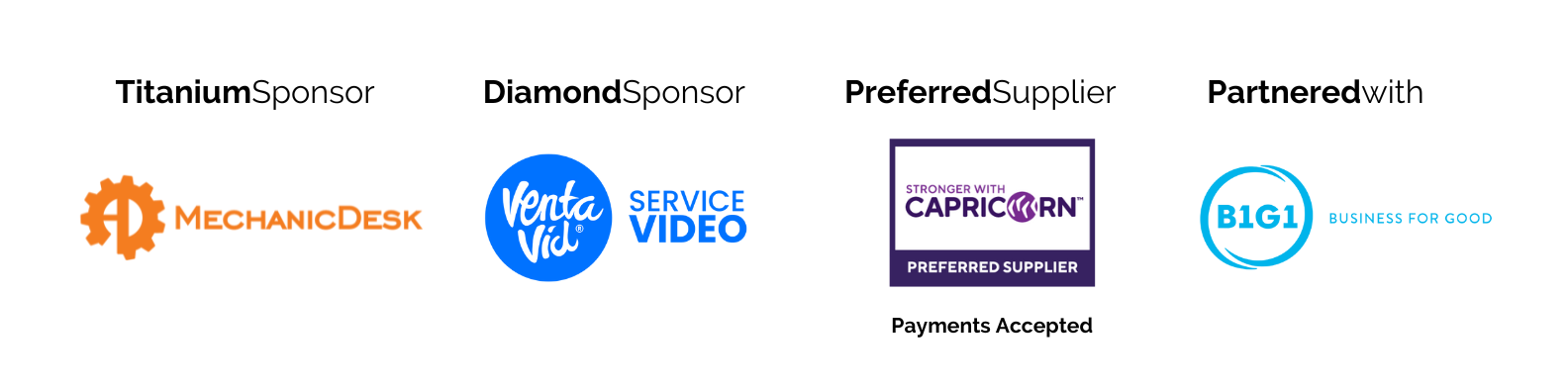 Titanium Sponsor MechanicDesk, Diamond Sponsor VentaVid Service Video, Capricorn Preferred Supplier, Partnered with B1G1