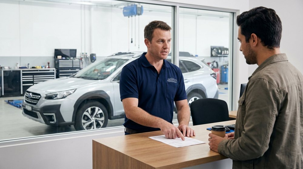 Service advisor going through a job with a customer