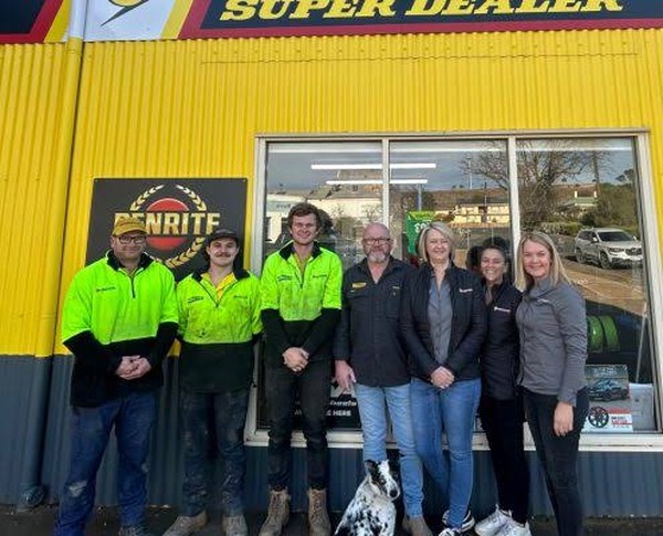Sandy and Zac Green with the SSKids Tyres team outside their shop in Eudunda, South Australia