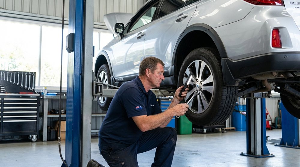 Technician working on a raised vehicle