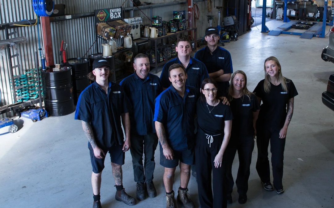 Bek and Trent Jackson with the Busselton Automotive Repairs team