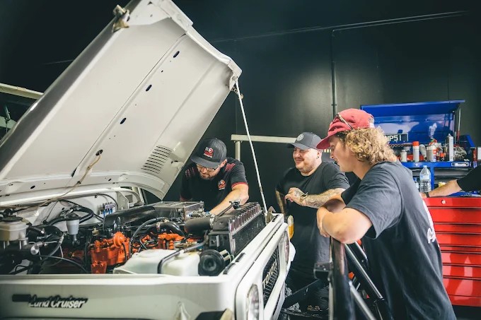 The BB Garage team working on a vehicle in their workshop in Ipswich, Queensland