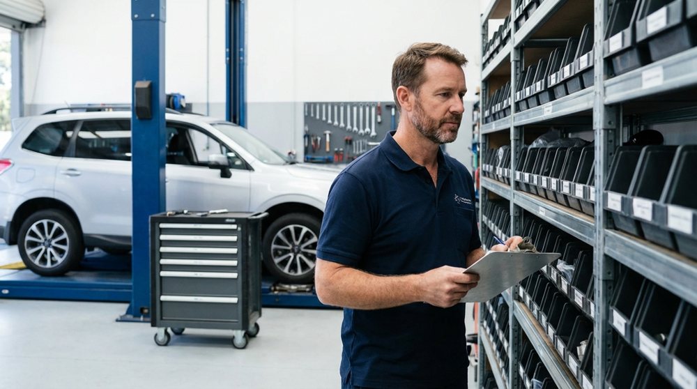 Owner checking stock at the parts shelves