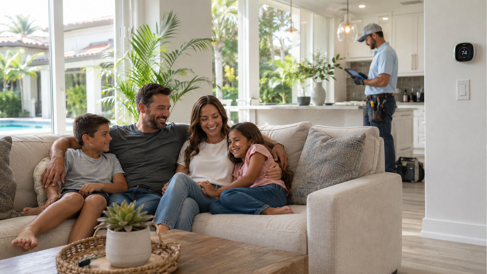 Family relaxing in a cool living room while an AC technician finishes service in a Wildwood, FL home