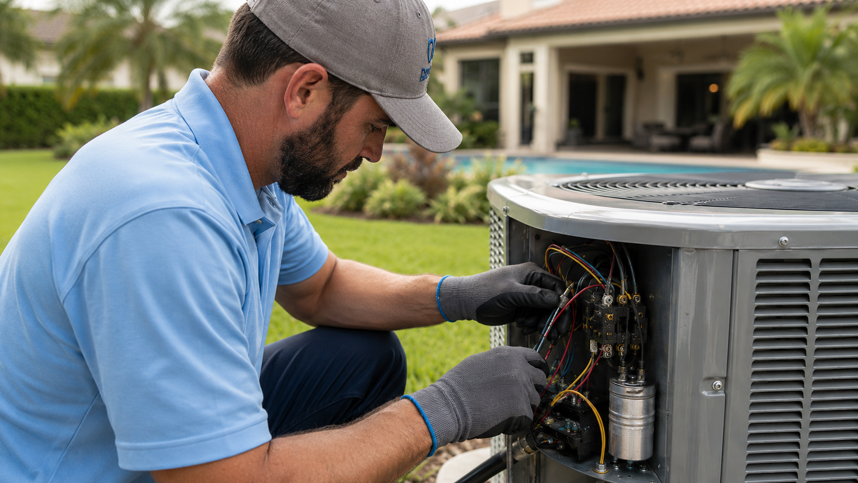 Technician repairing an air conditioner condenser unit at a Wildwood, FL home