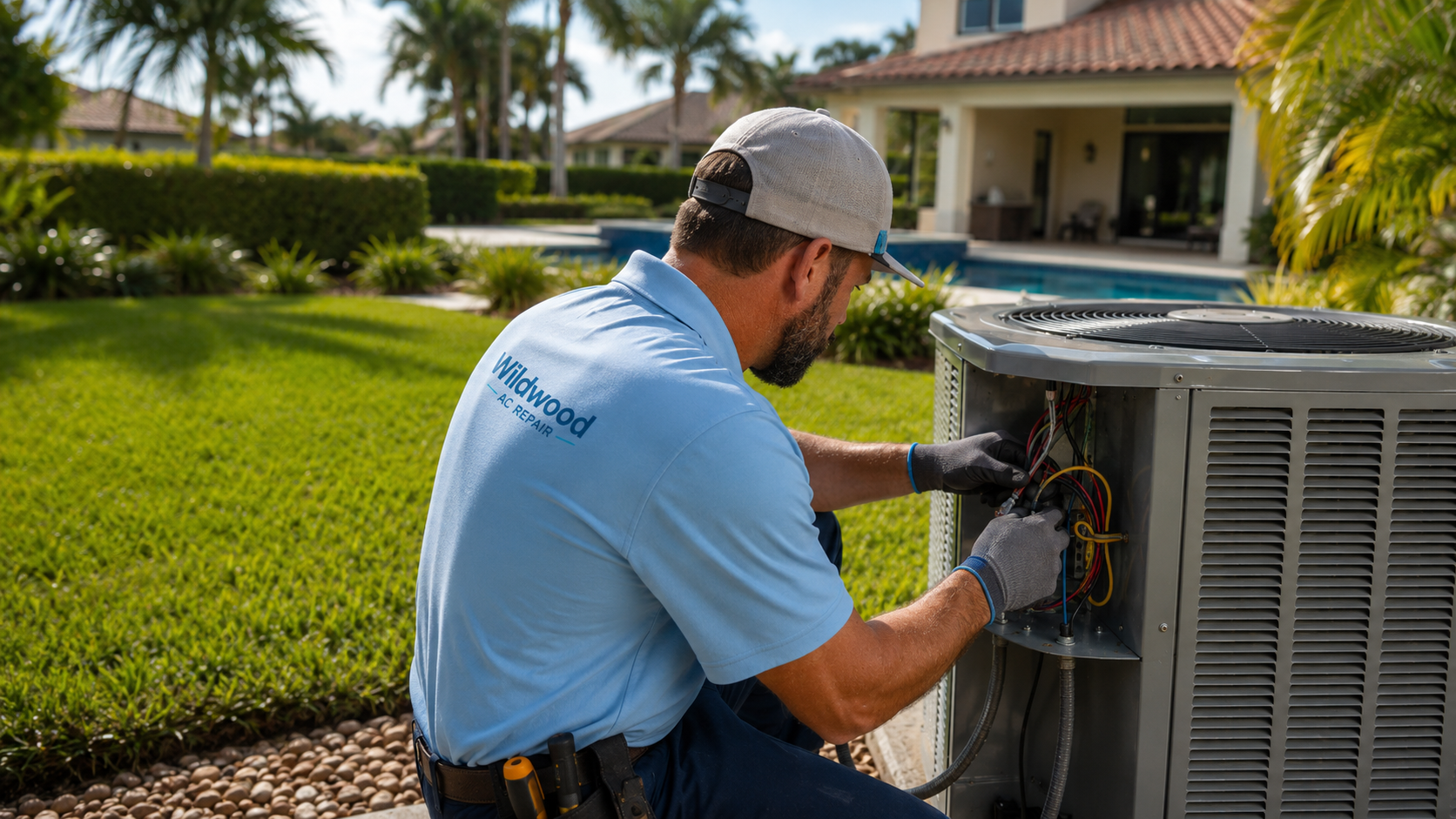 AC technician performing a seasonal tune-up on an outdoor unit in Sumter County, FL