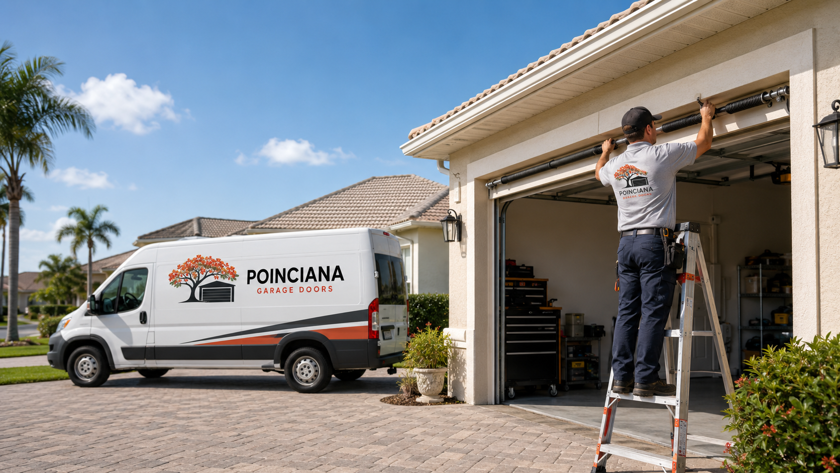 Technician using winding bars to replace a torsion spring above a garage door in Poinciana, FL