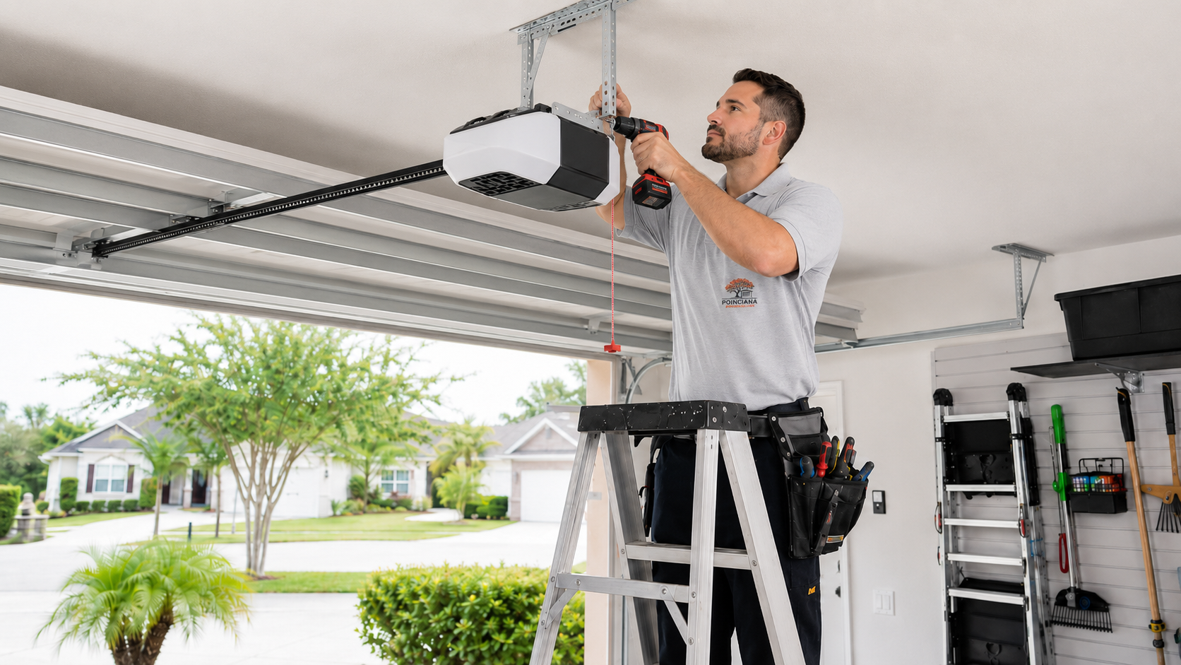 Garage door technician installing a belt-drive opener on a garage ceiling in Poinciana, FL