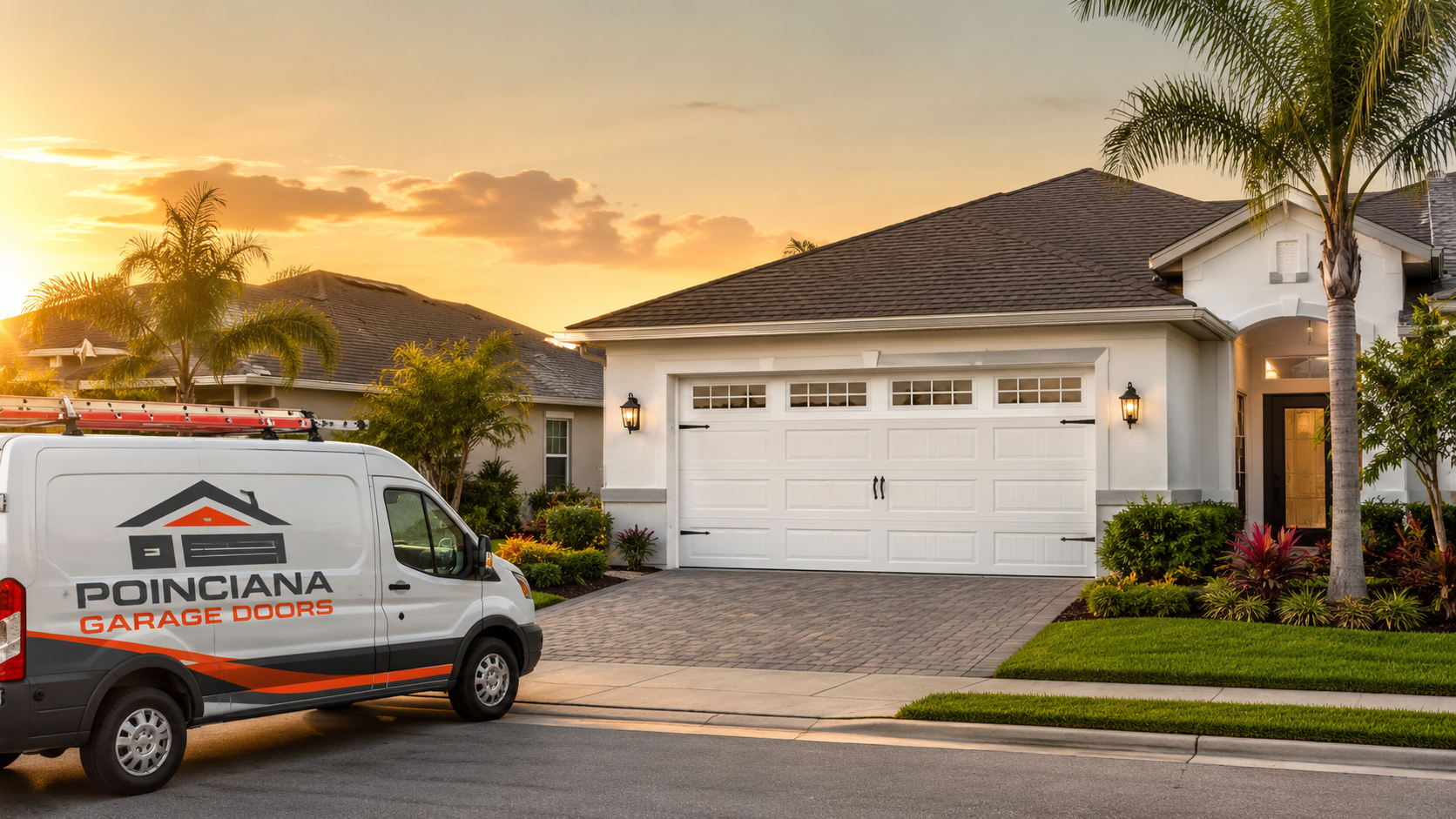 Homeowners in their Poinciana driveway as their repaired garage door opens, technician packing up the service van