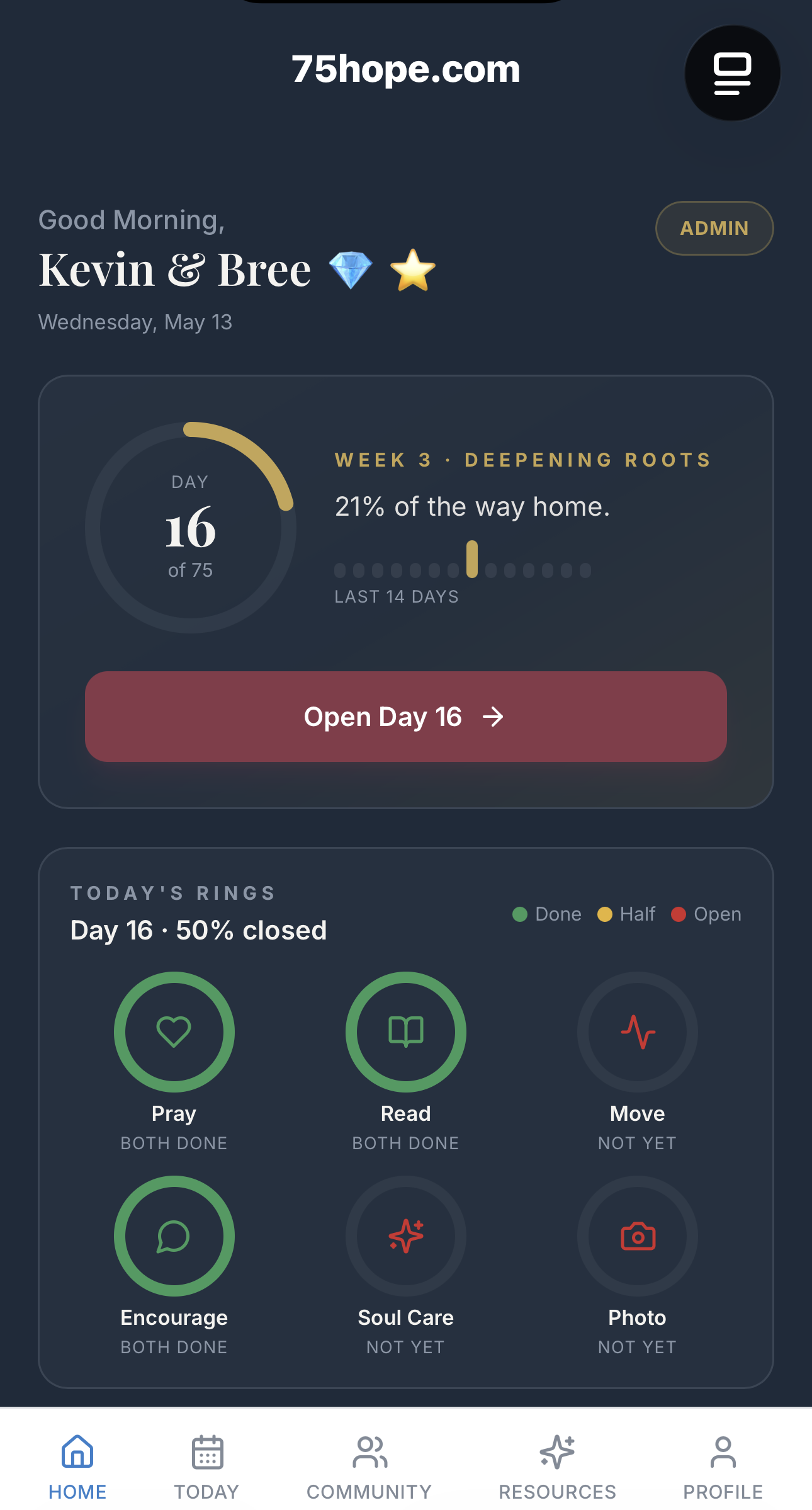 75 Hope home screen showing Day 16 of 75, a gold progress arc, Week 3 'Deepening Roots' label, and the six daily rings — Pray, Read, Move, Encourage, Soul Care, and Photo — with green and red status indicators