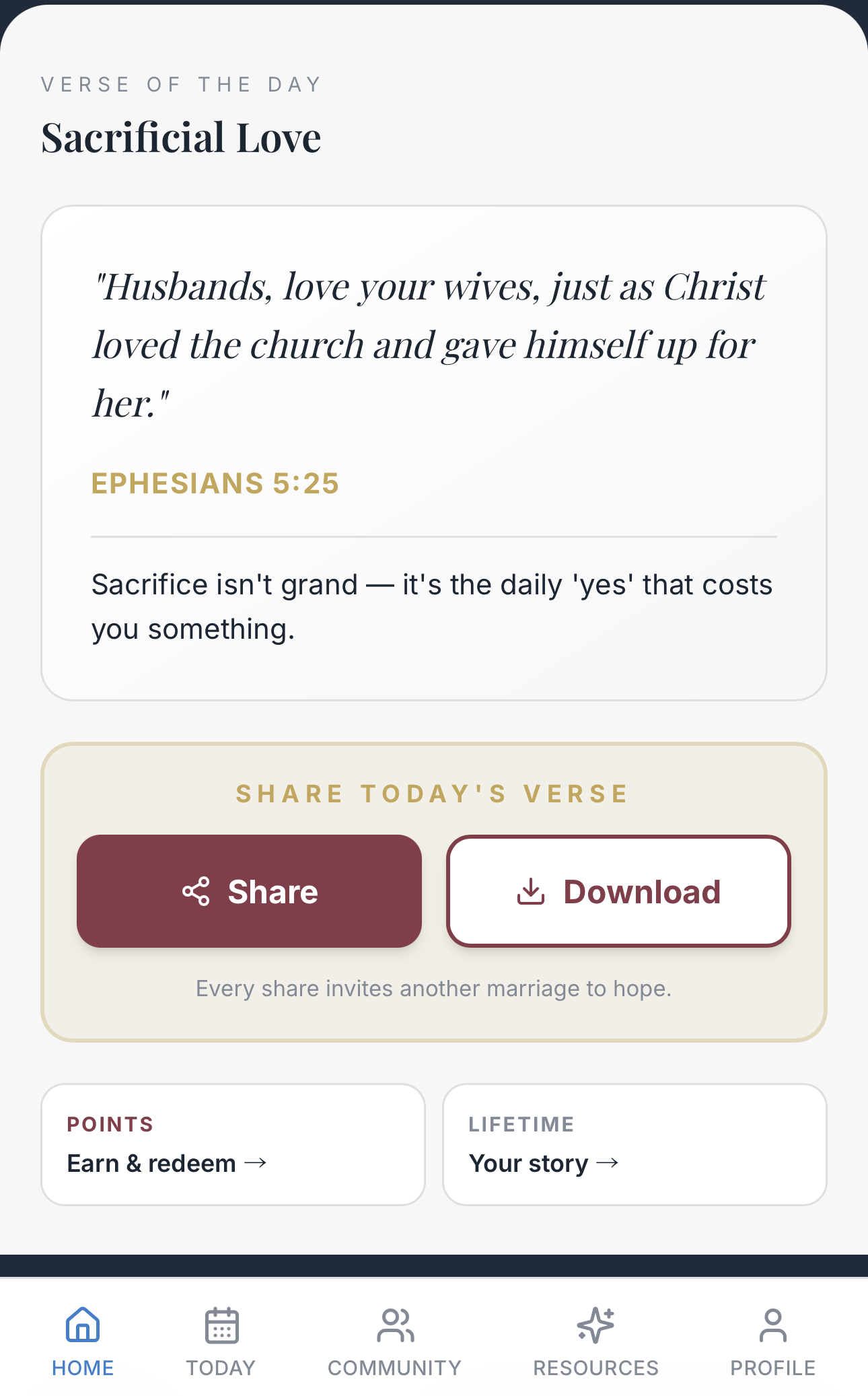 75 Hope Verse of the Day screen — 'Sacrificial Love' with Ephesians 5:25, a short reflection, and Share and Download buttons to send the verse to others