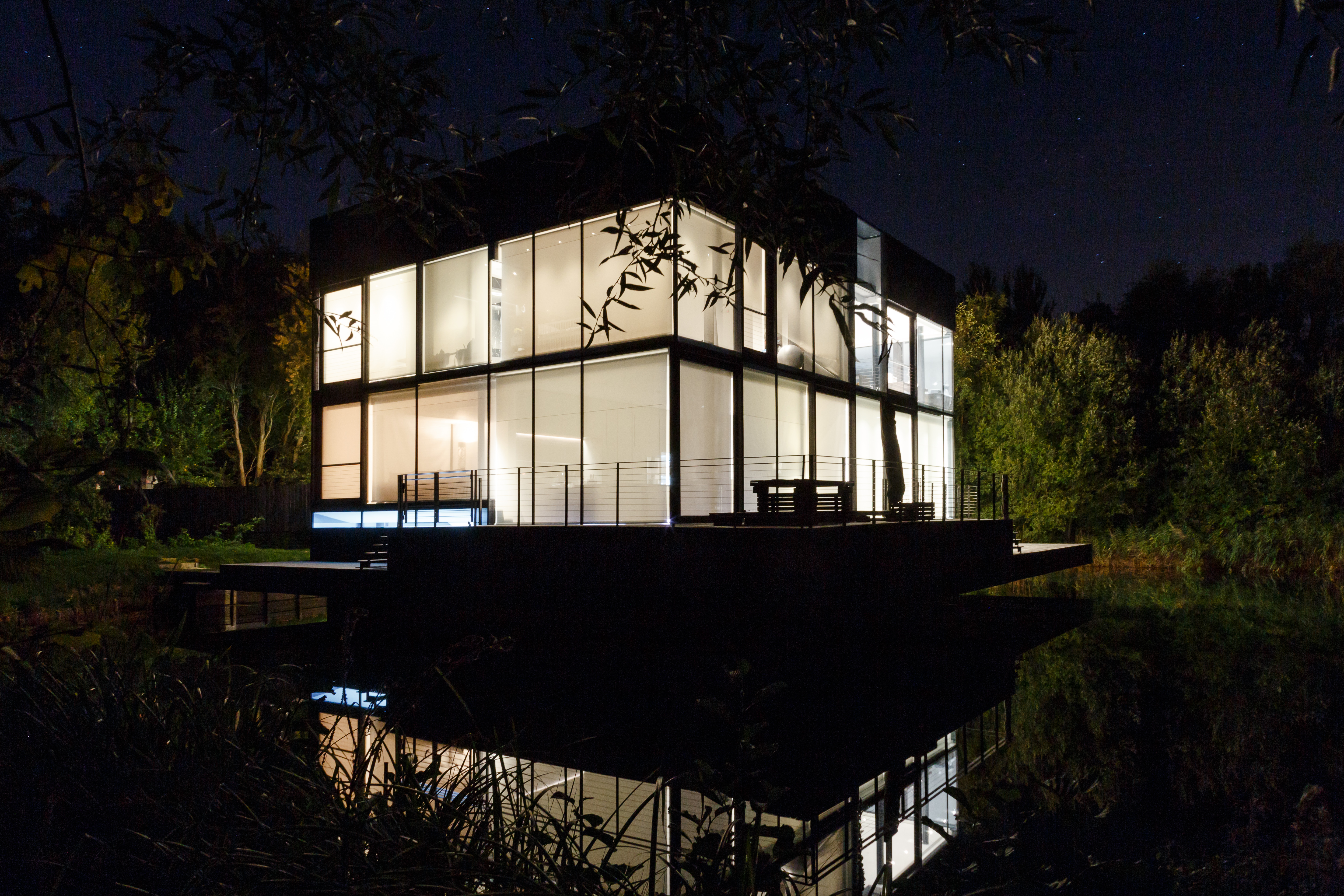 Glass House at night