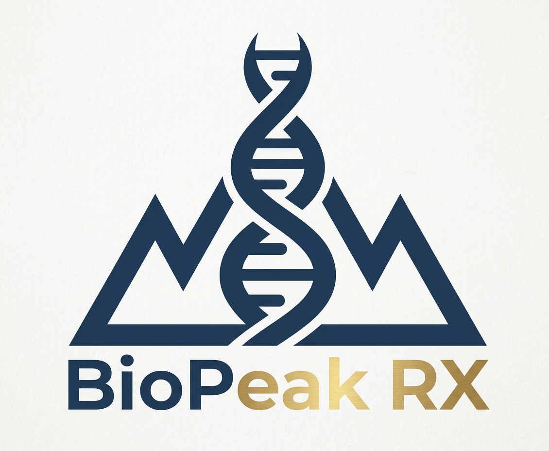 BioPeak RX — Mountains and DNA helix with cross, clinical-grade peptide provider