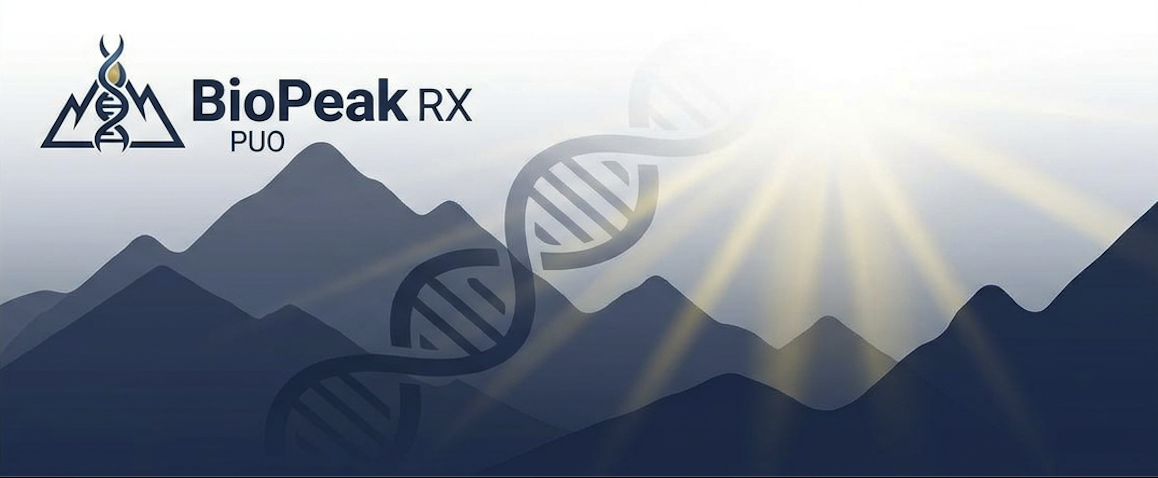 BioPeak RX brand pattern — mountains, DNA helix, cross iconography