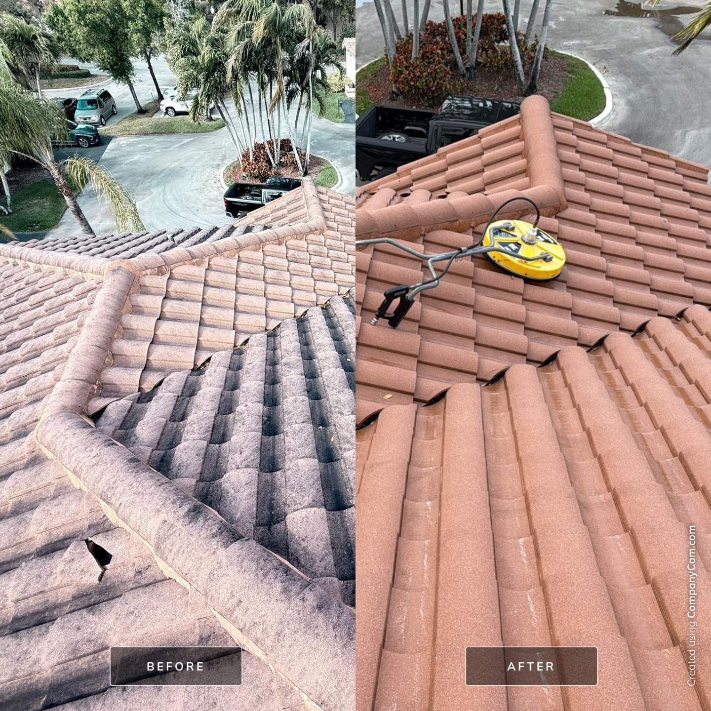 Before and after roof cleaning in Parkland, FL