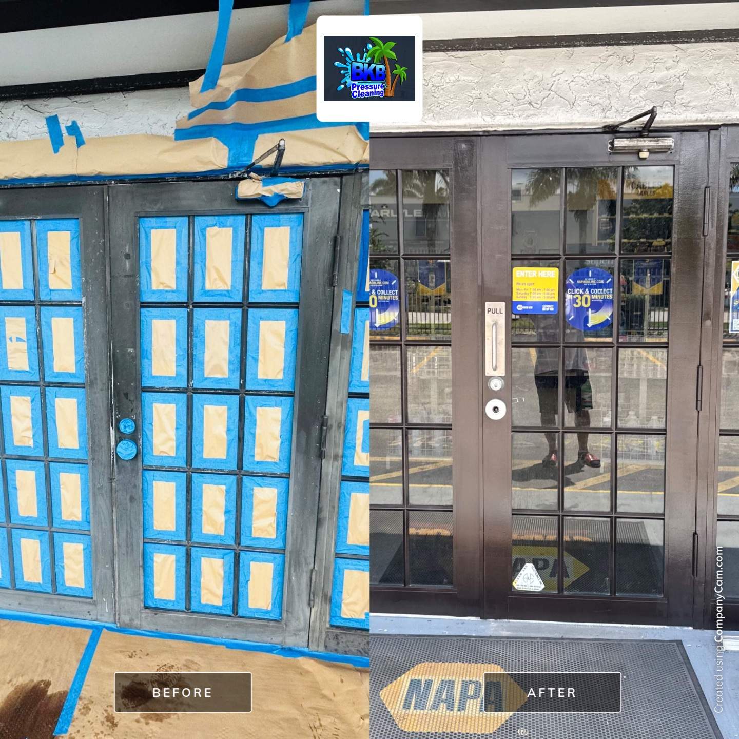 Before and after commercial front door painting by BKB Pressure Cleaning