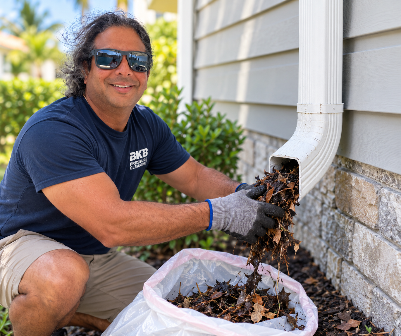 Gutter cleaning in progress on a Parkland, FL home — debris cleared from the gutter trough by hand
