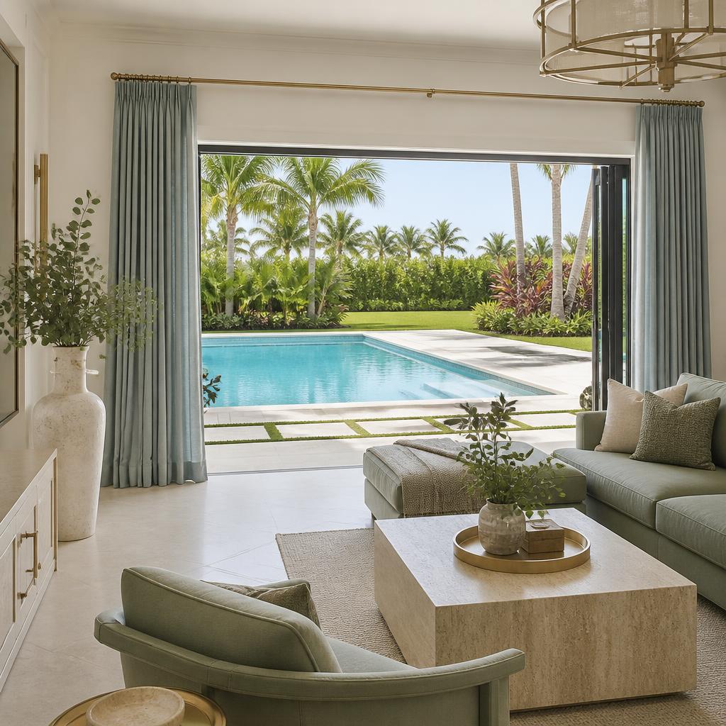 Bright living room opening through glass doors toward a pool and green backyard