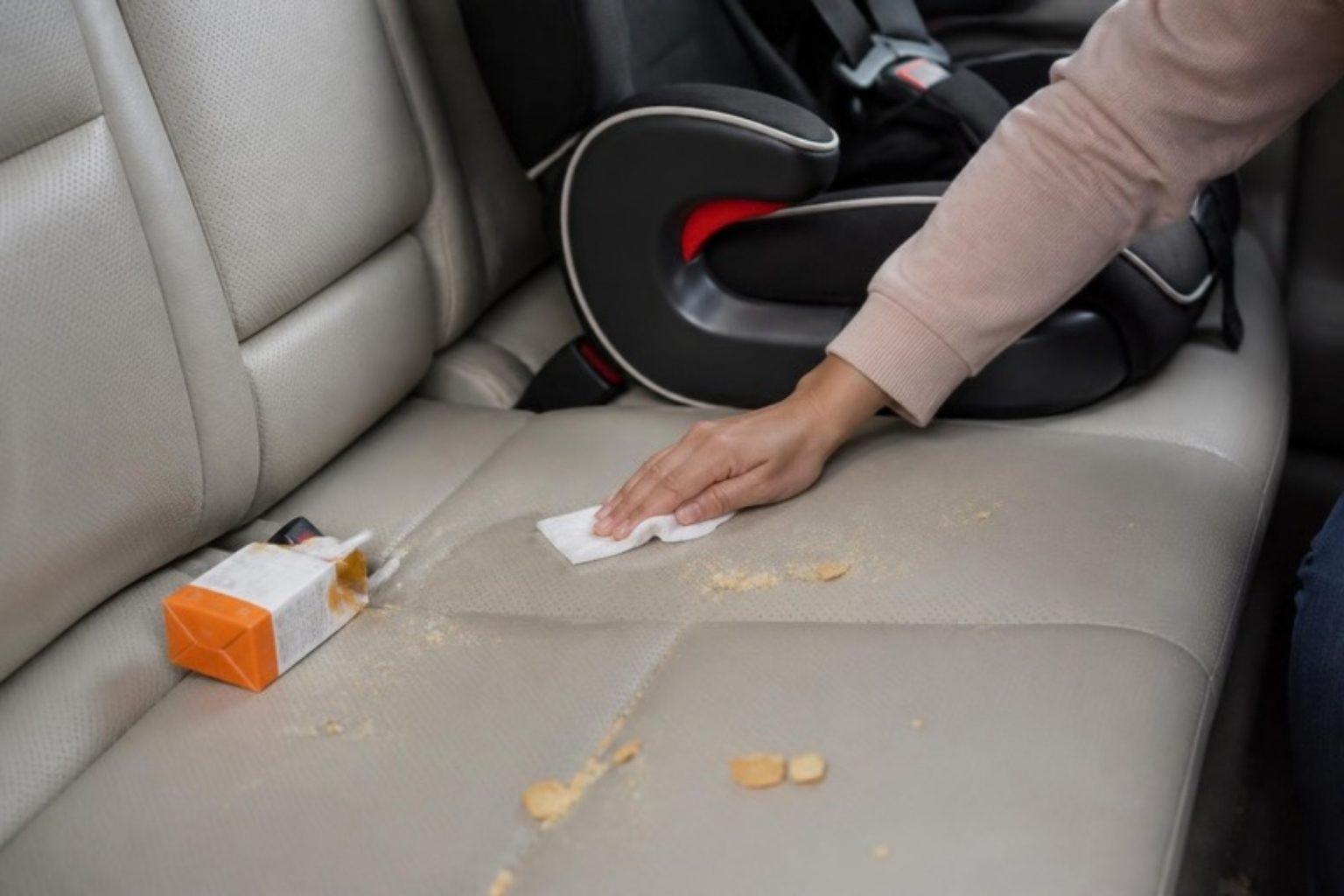 A spill on a rear seat next to a child car seat