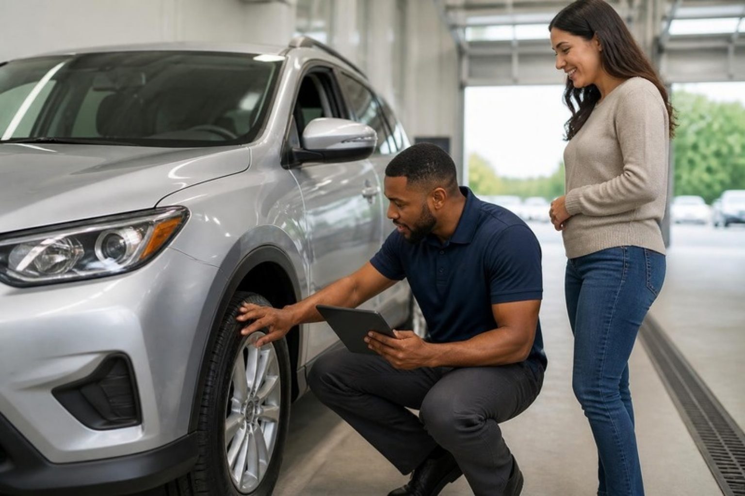 A Springfield Acura appraiser reviewing a customer's SUV