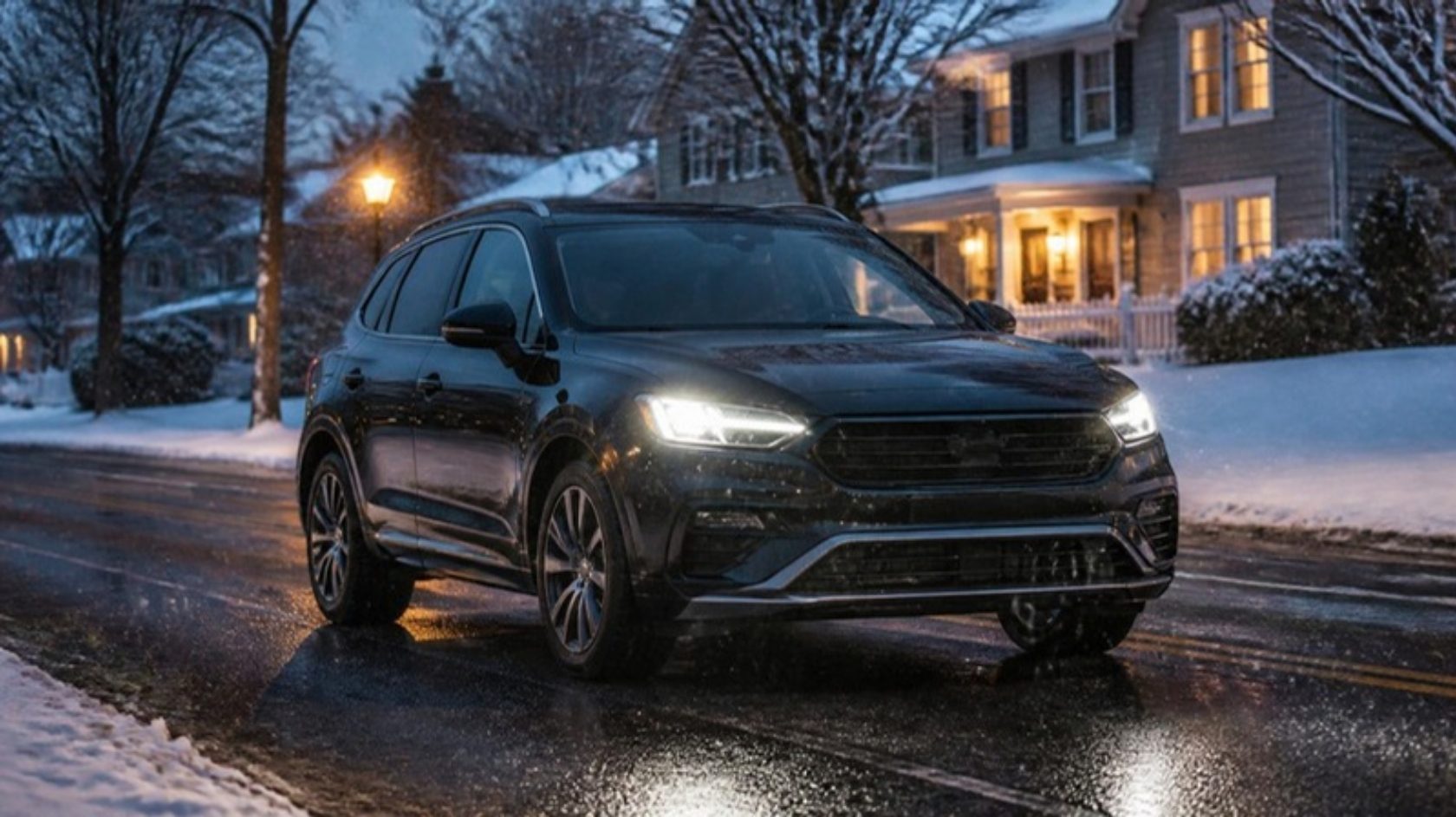 An SUV driving on a snowy New Jersey road