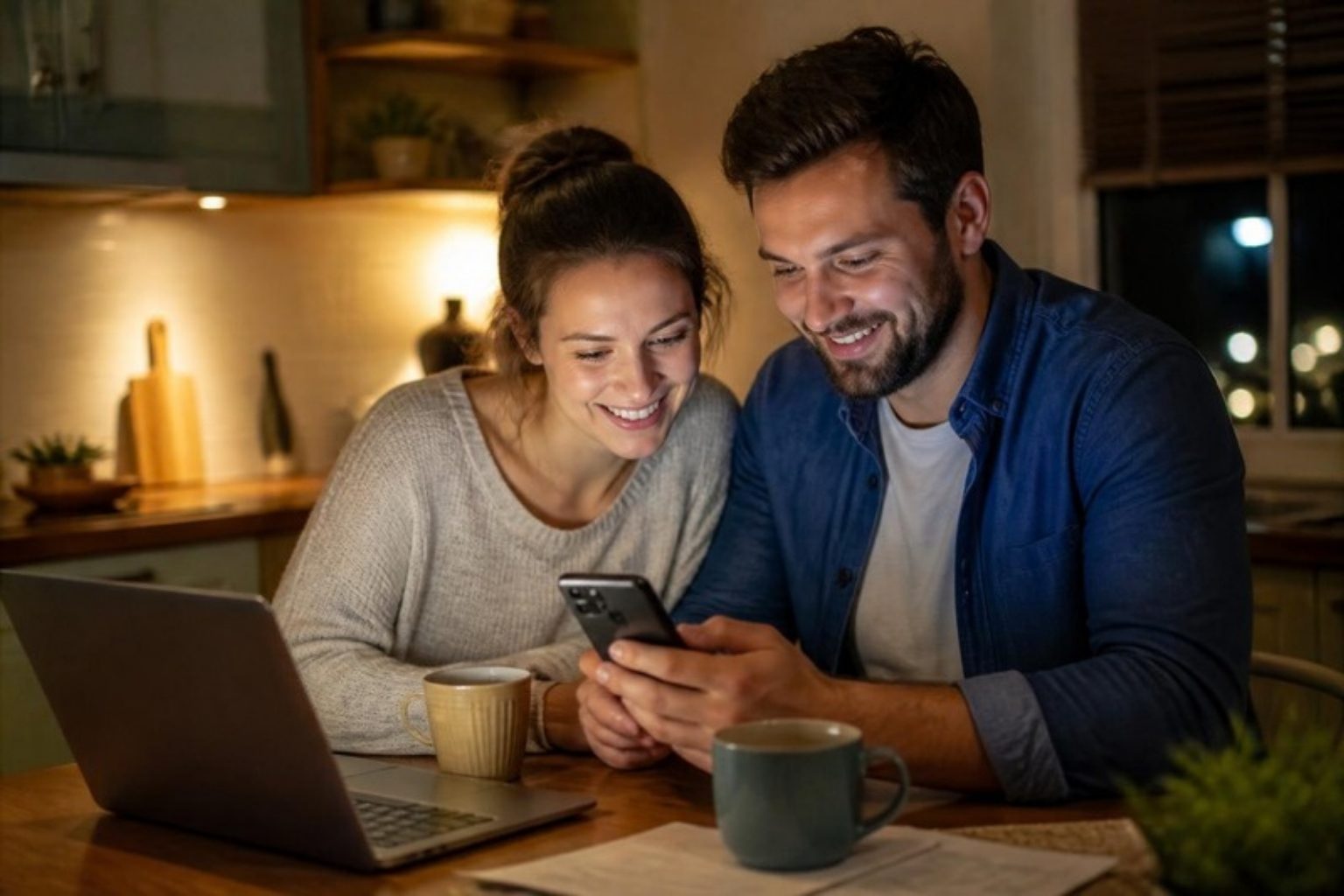 A couple planning their next car on a phone at the kitchen table