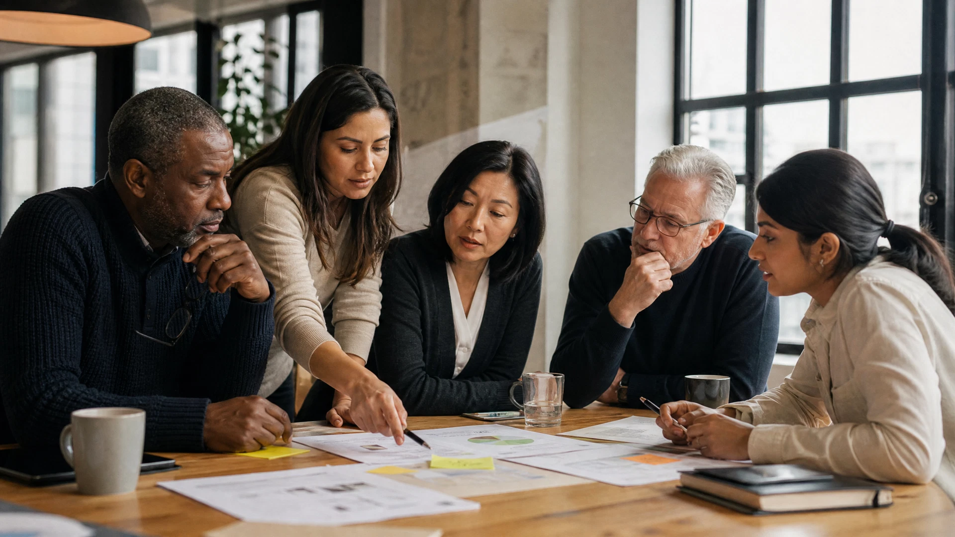 A team working through plans together around a table