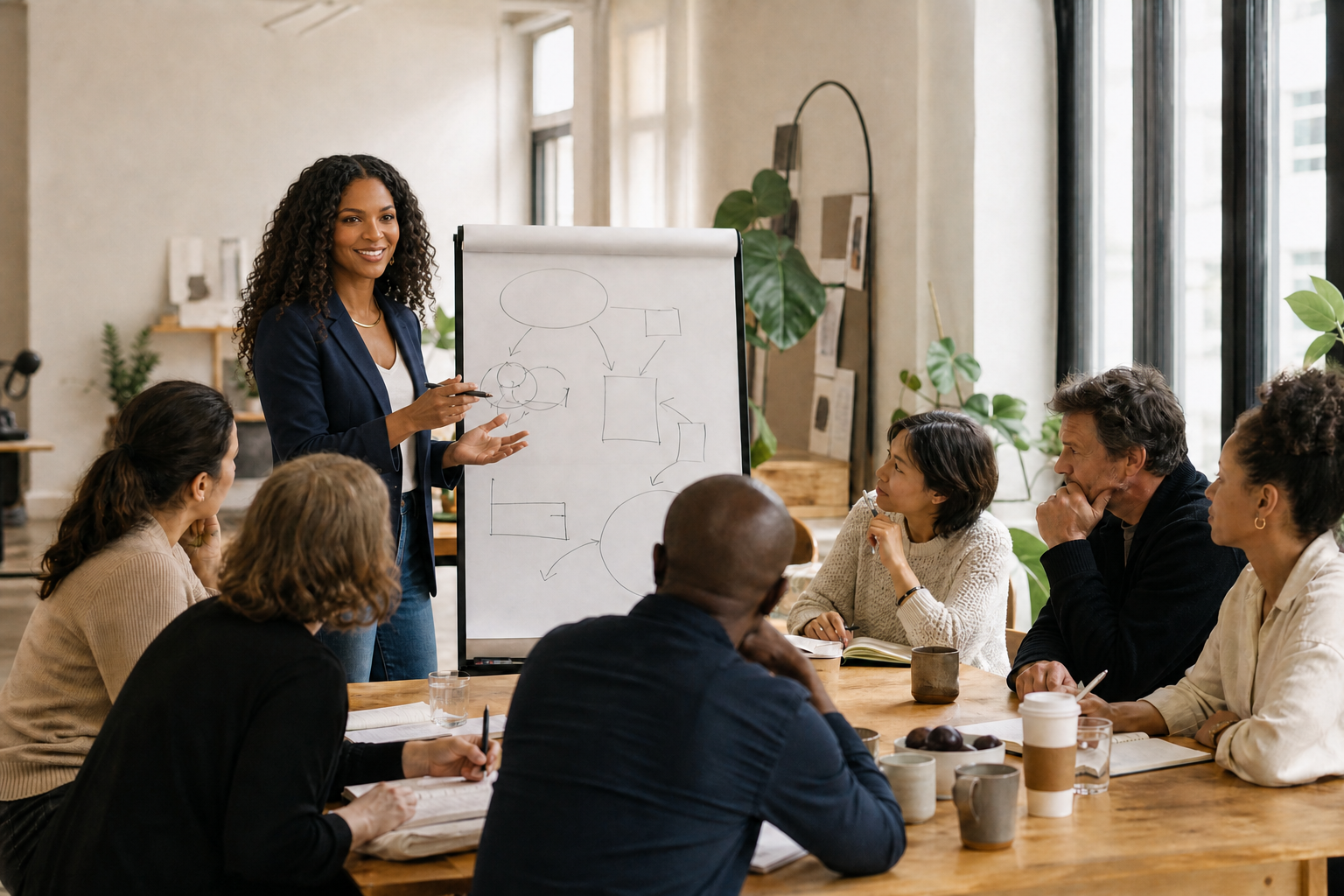 A strategist walking a team through a process map on a flip chart