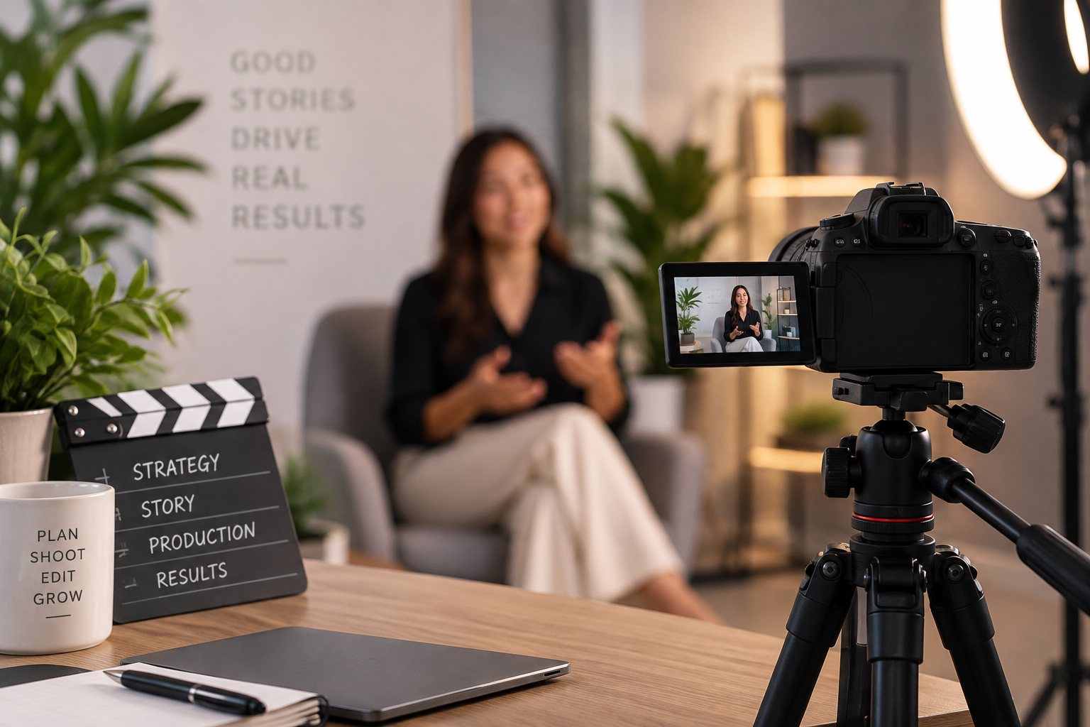A woman being filmed with professional camera and lighting in a content studio