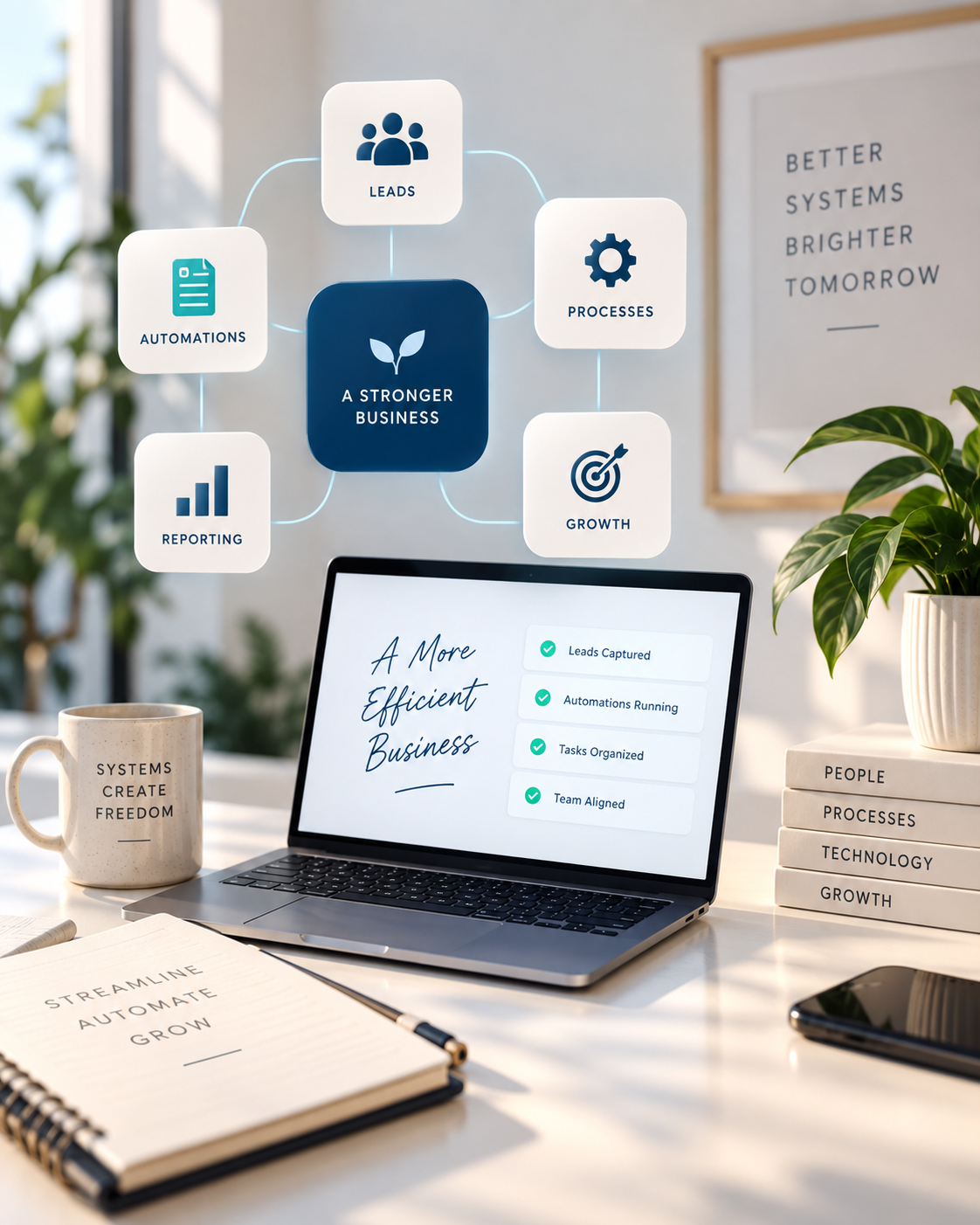 A laptop on a desk with analytics work visible, alongside espresso and a small plant