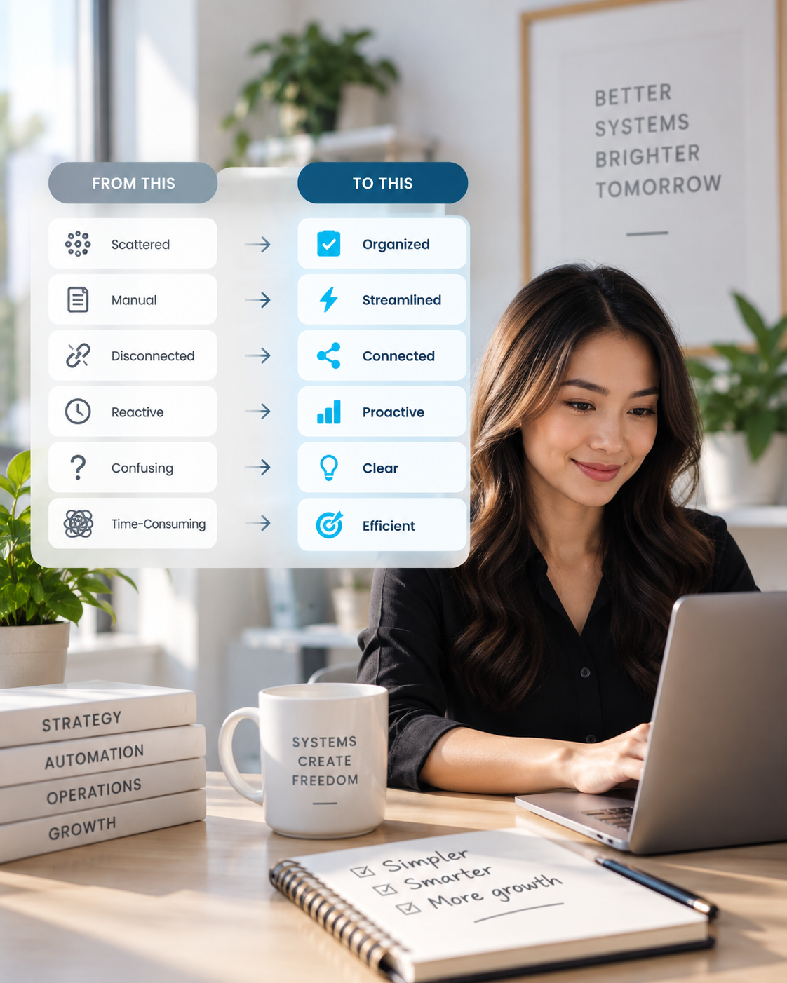 A smiling professional working calmly on a laptop at her desk