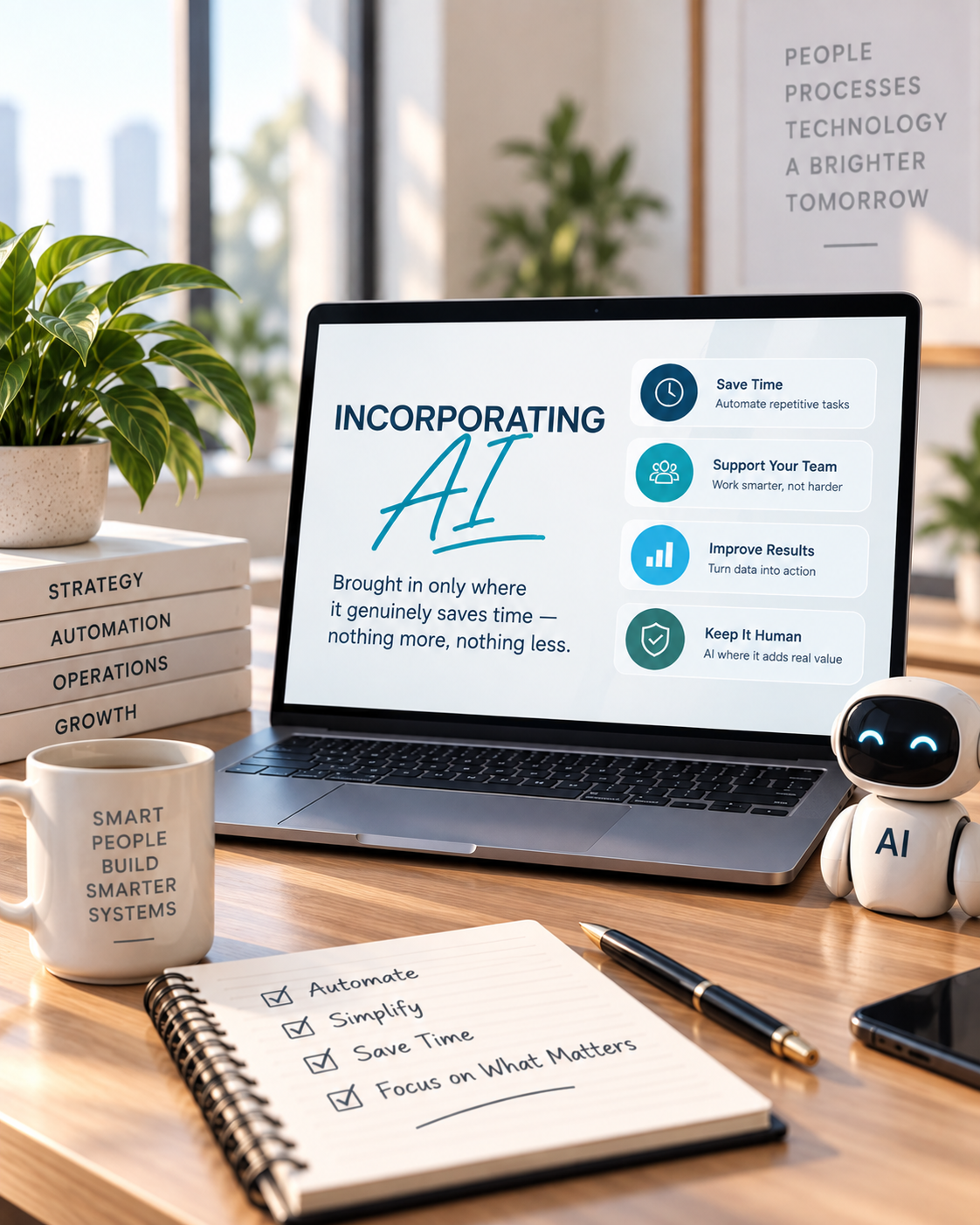 Incorporating AI: a smiling professional working calmly on a laptop at her desk