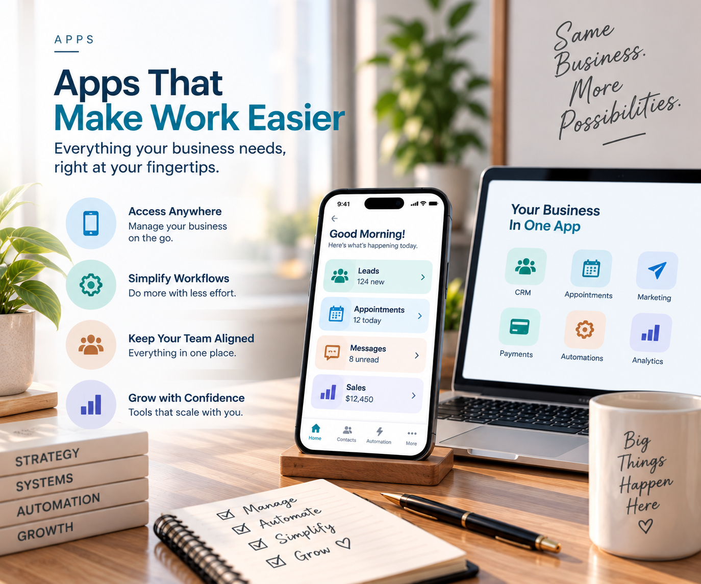 Apps: a hand writing a plan in a notebook, calm and unhurried