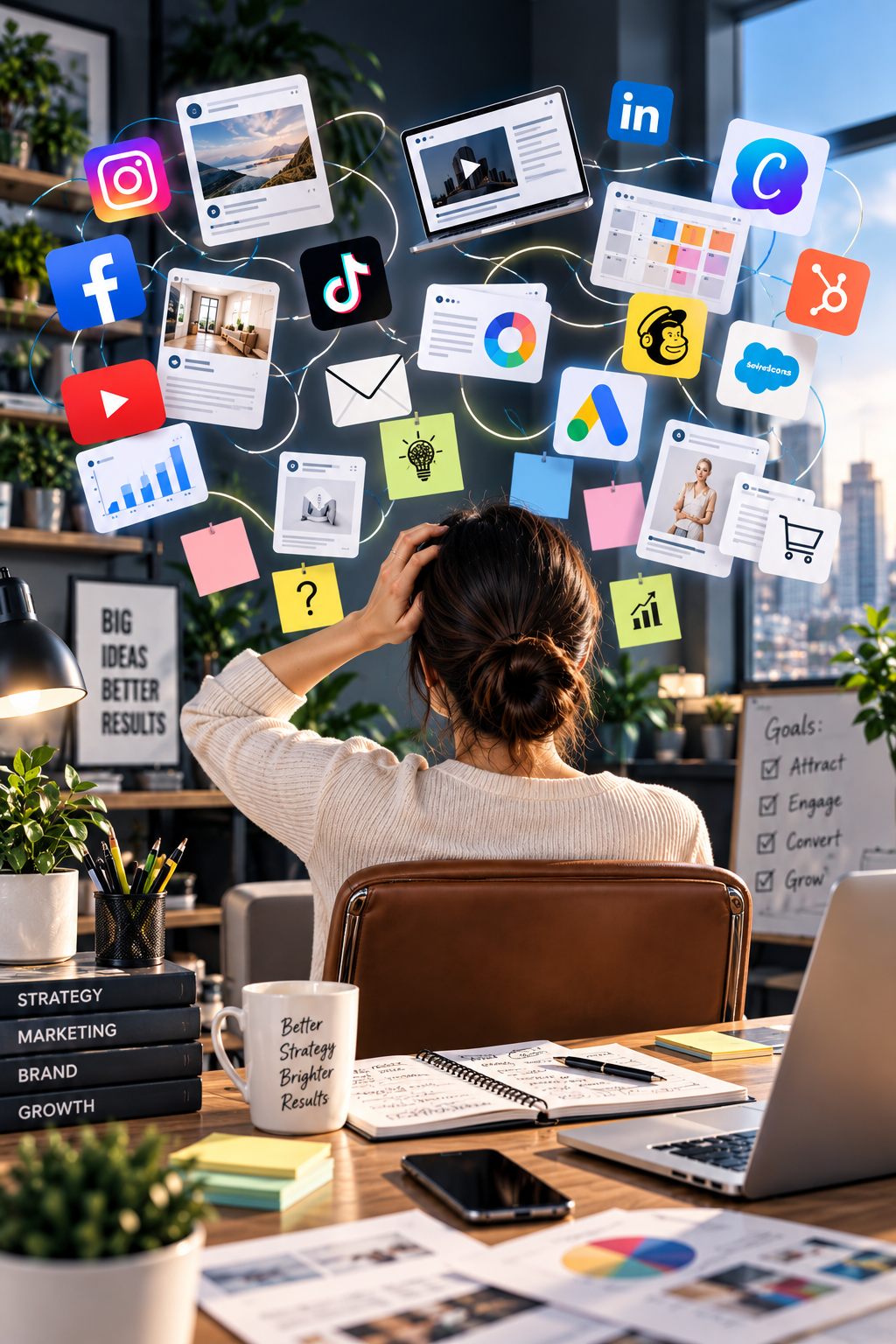 A business owner overwhelmed by marketing apps and platforms around her desk