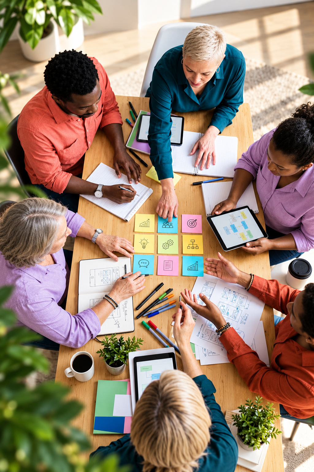 A team mapping out a plan with sticky notes around a shared table