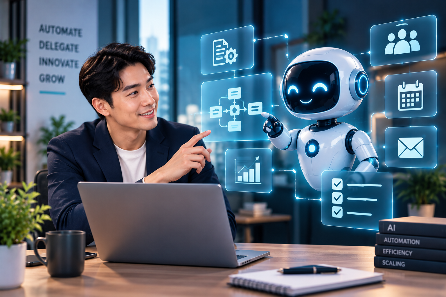 A clean, organized desk with a laptop, books, and headphones