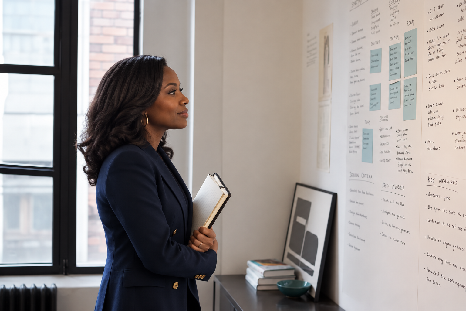 A strategist studying a wall of planning notes