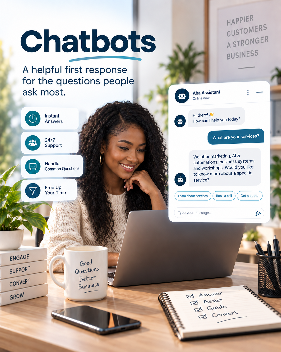 Chatbots: a man smiling at his phone while working at a coffee shop