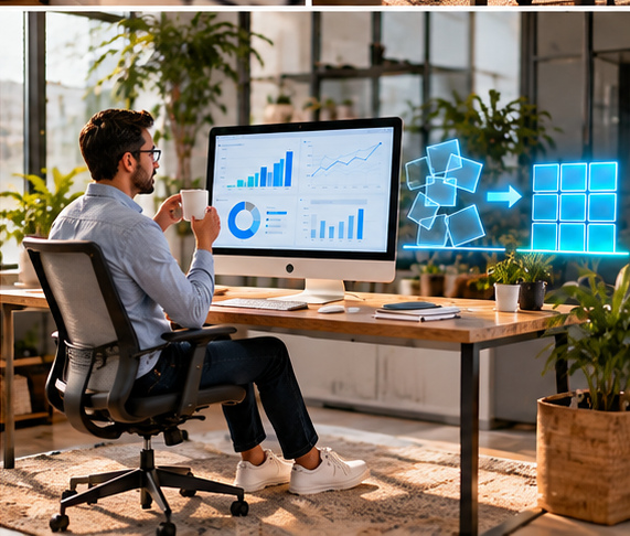 A desktop monitor showing business analytics charts on a plant-filled desk