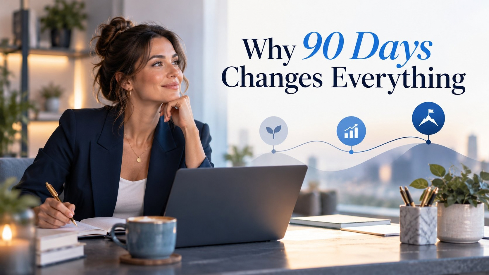 Small business owner planning a 90-day business plan at her desk