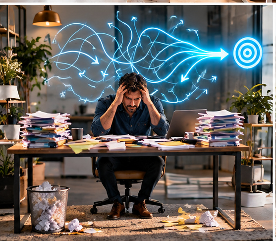 A stressed person with their head in their hands surrounded by paperwork