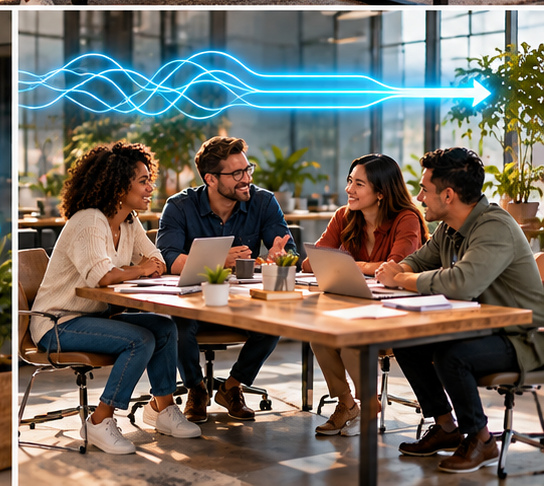 A team of four colleagues meeting and smiling around a table