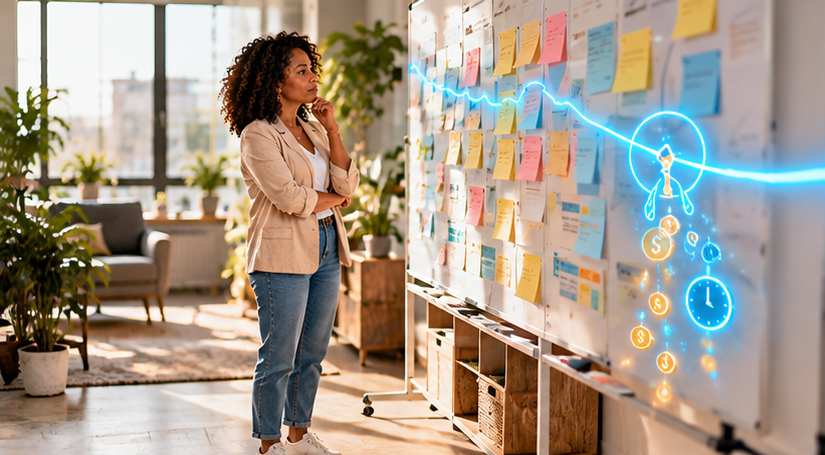 A woman thinking at a whiteboard covered in sticky notes