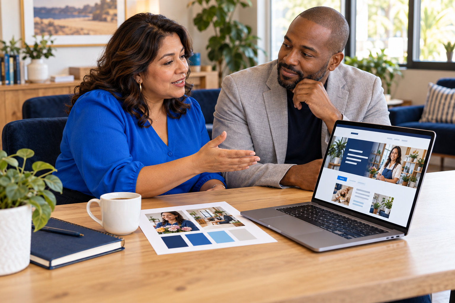 Two business professionals reviewing a website and marketing materials