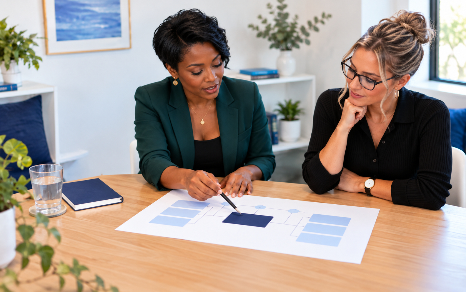 A consultant and business owner reviewing a strategy plan together at a table