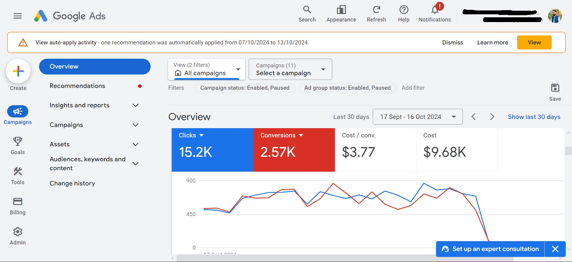 Sanitized Google Ads stats screenshot