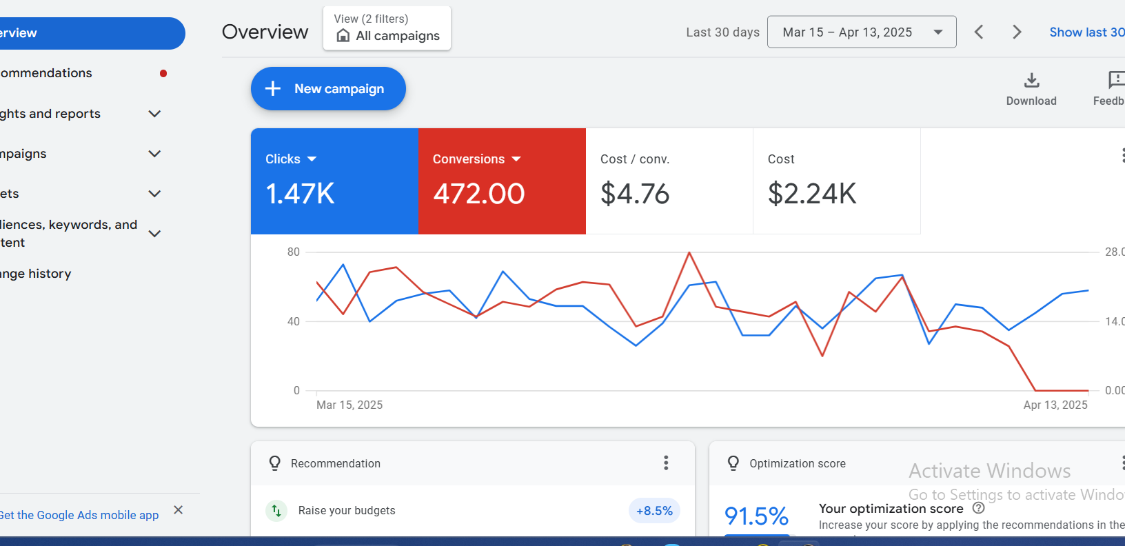 Sanitized Google Ads performance screenshot
